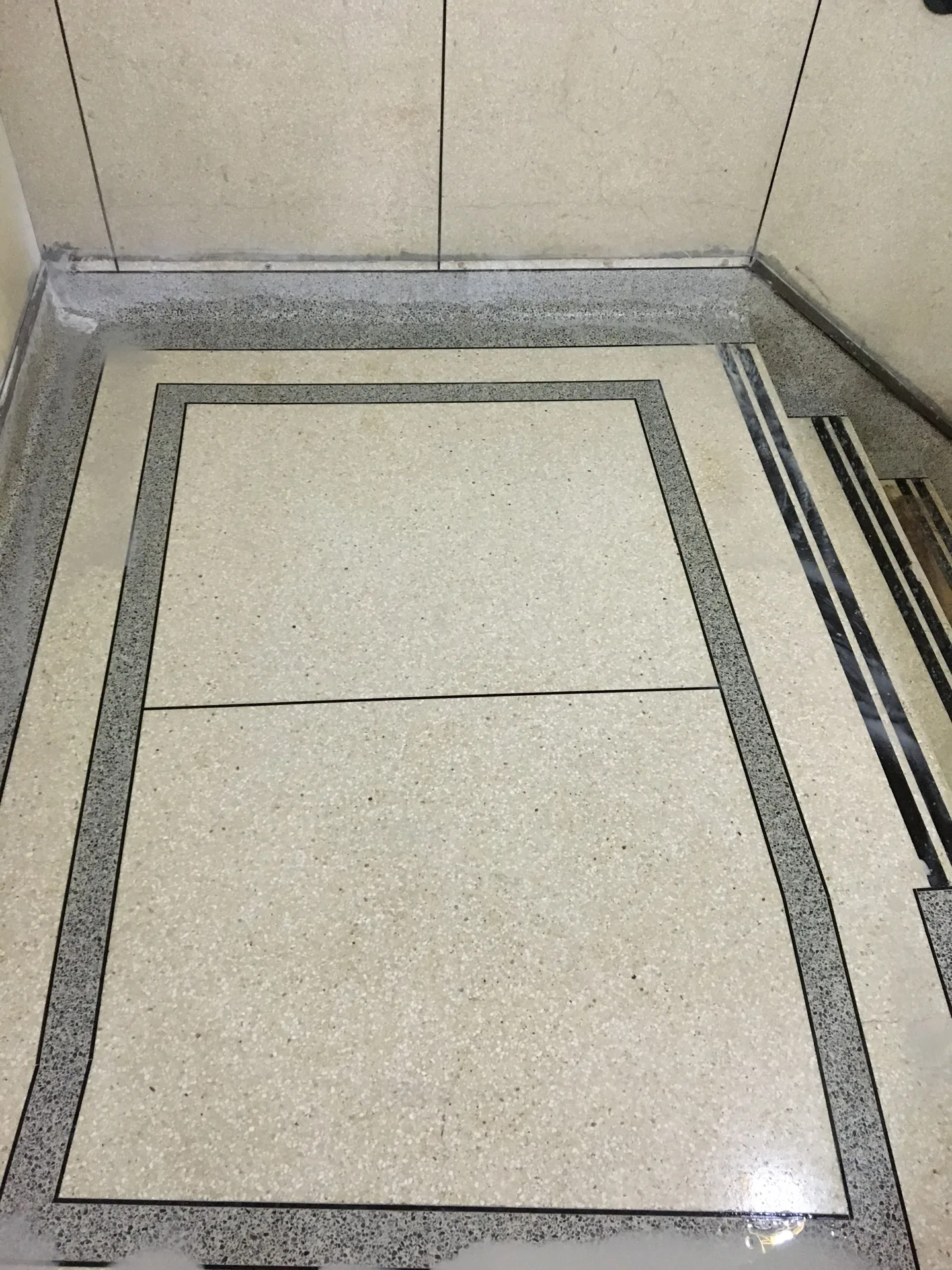 Terrazzo panel lobby floor with granite border after deep cleaning, honing and polishing